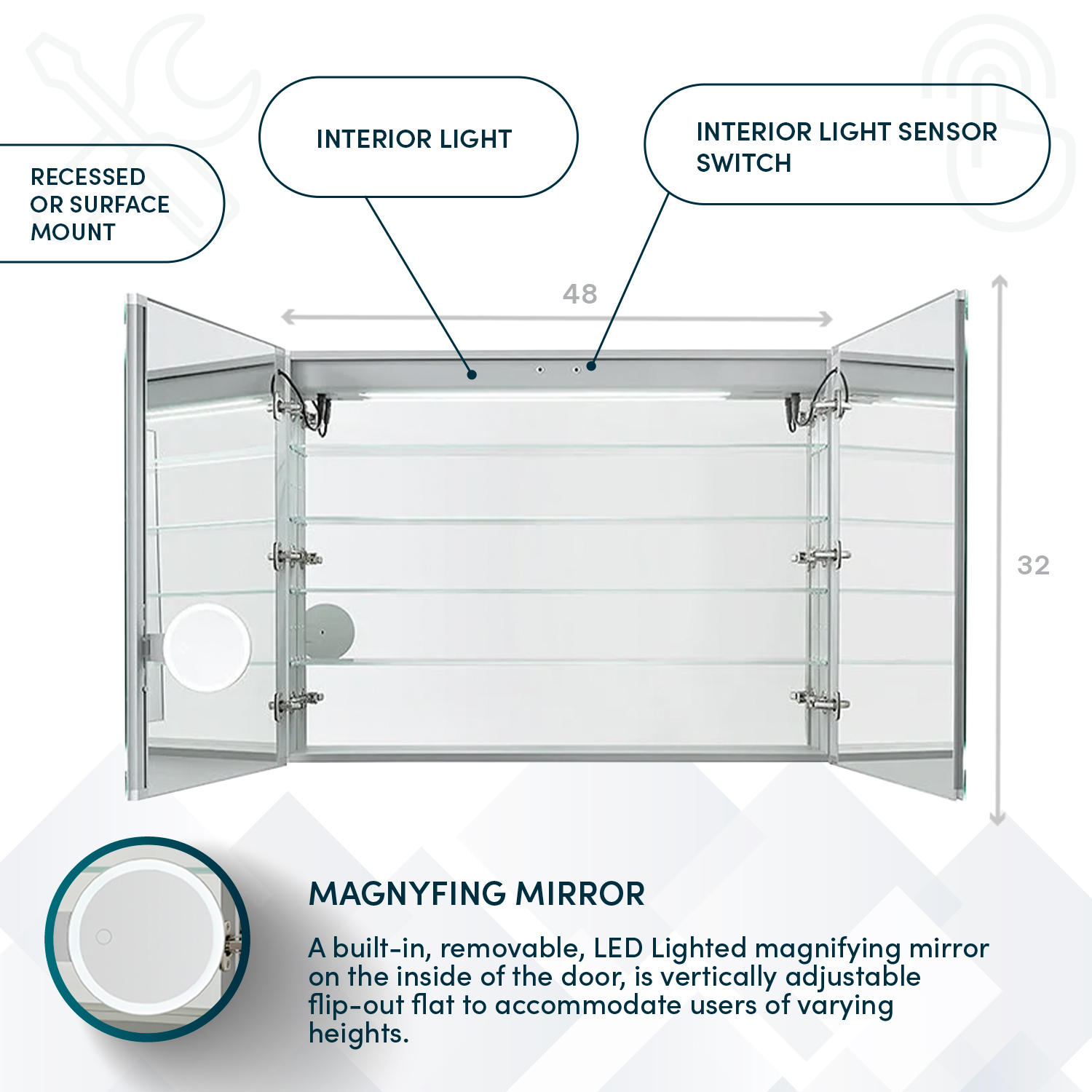 ER-4832 Information Specifications (3) Edge Royale 48x32 LED Lighted Medicine Cabinet