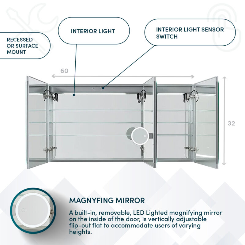 Edge Royale 60x32 LED Lighted Triple Door Medicine Cabinet