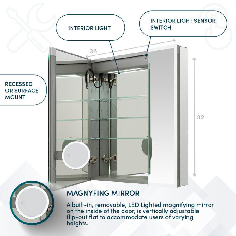 Edge Royale 36x32 LED Lighted Triple Door Medicine Cabinet