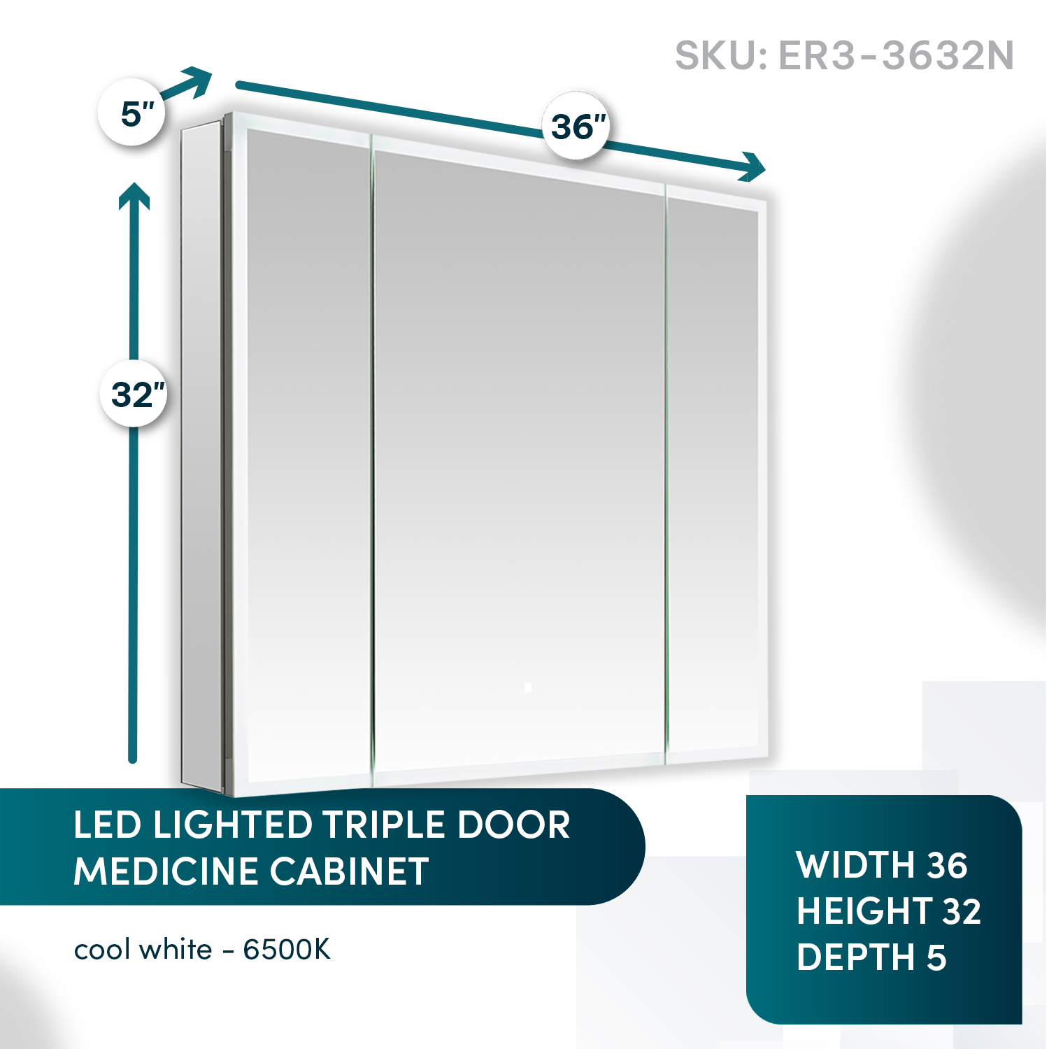 LED Cabinet Edge Royale ER3-3632-N Information (4) Edge Royale 36x32 LED Lighted Triple Door Medicine Cabinet
