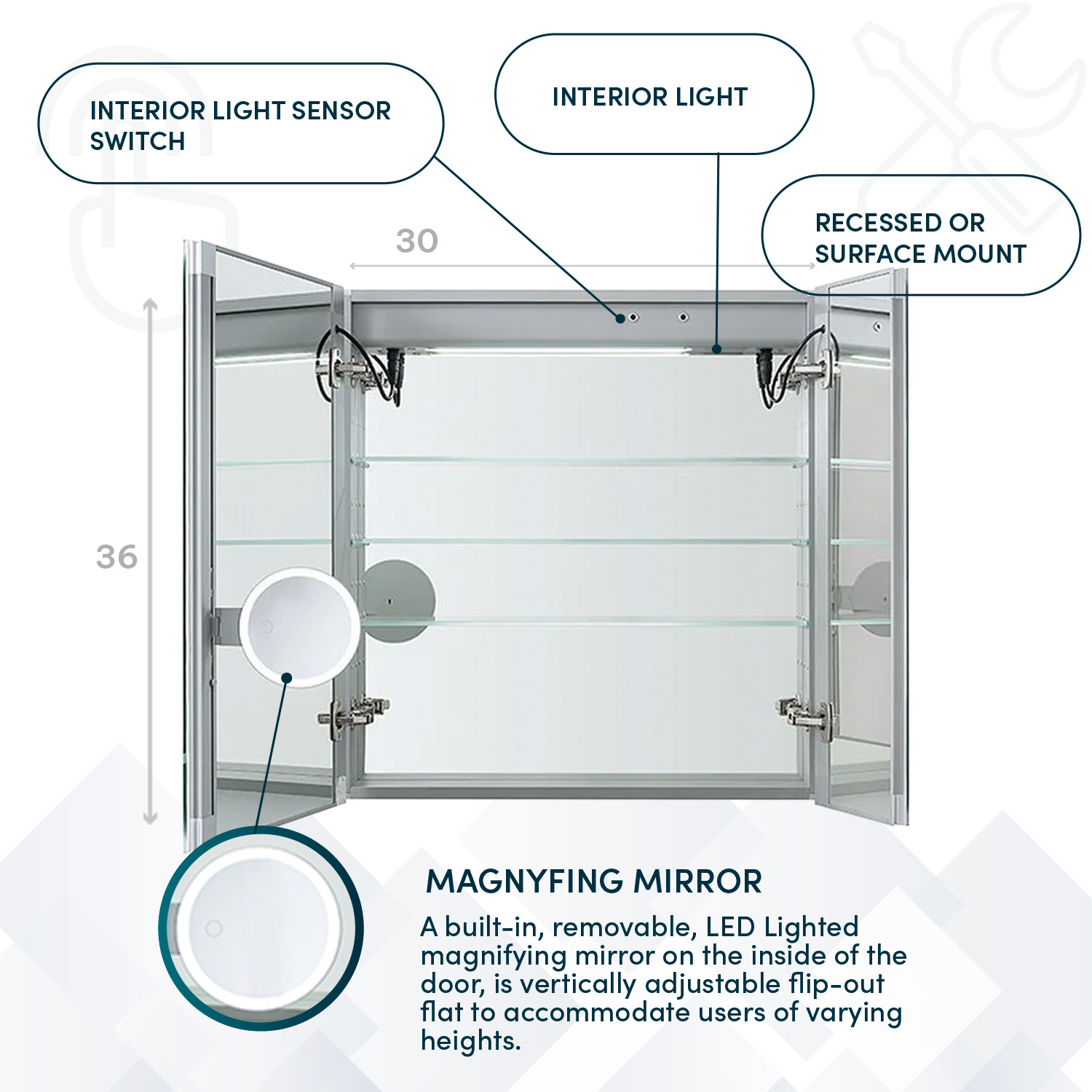 SR-3036 Led Lighted Medicine Cabinet (3) Signature Royale 30x36 LED Lighted Medicine Cabinet