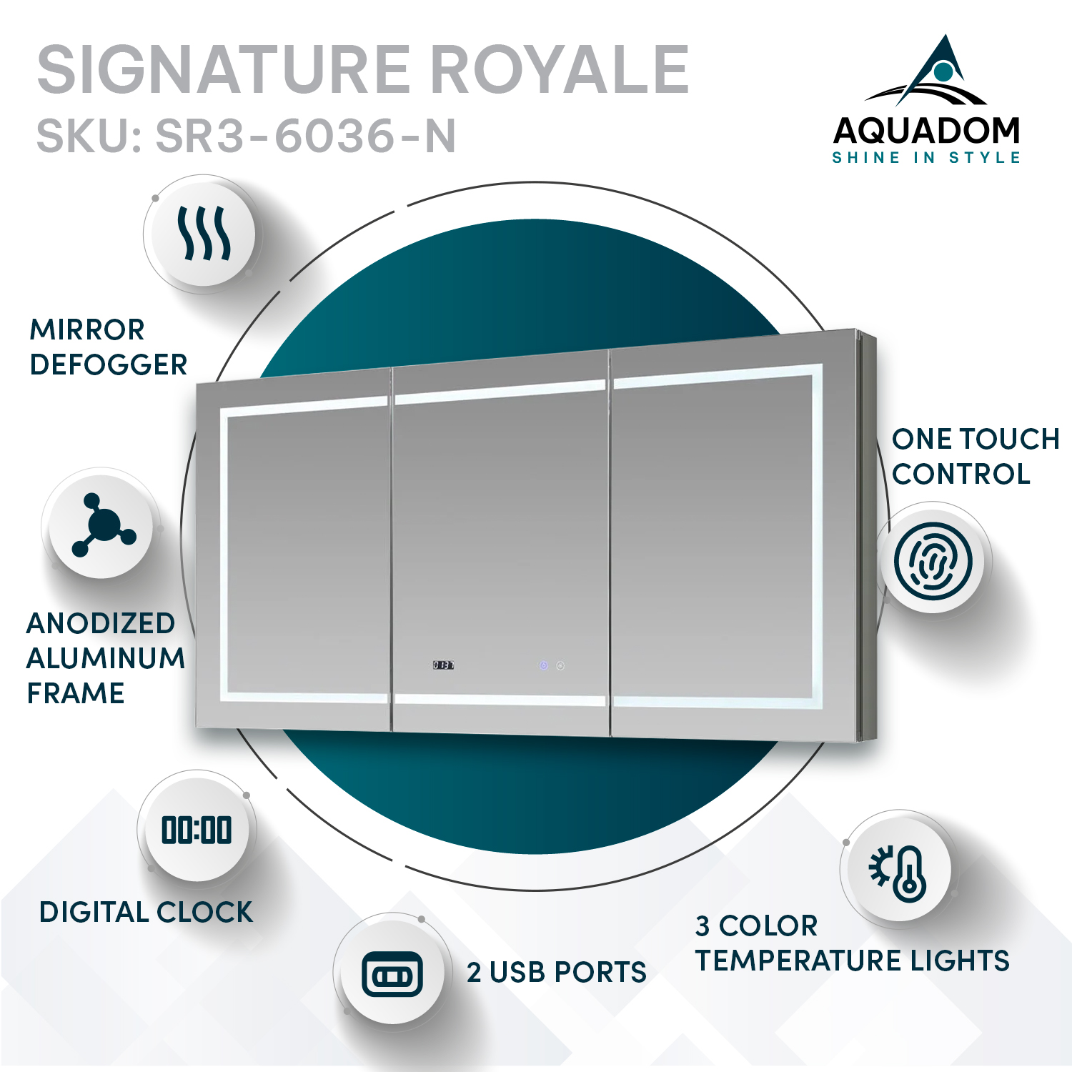 SR-6036 LED Cabinet Banner (1) Signature Royale 60x36 LED Lighted Triple Door Medicine Cabinet