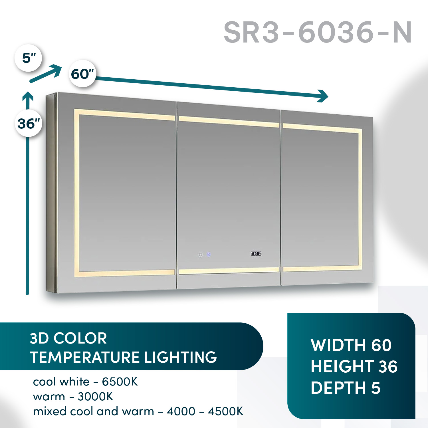 SR-6036 LED Cabinet Banner (4) Signature Royale 60x36 LED Lighted Triple Door Medicine Cabinet