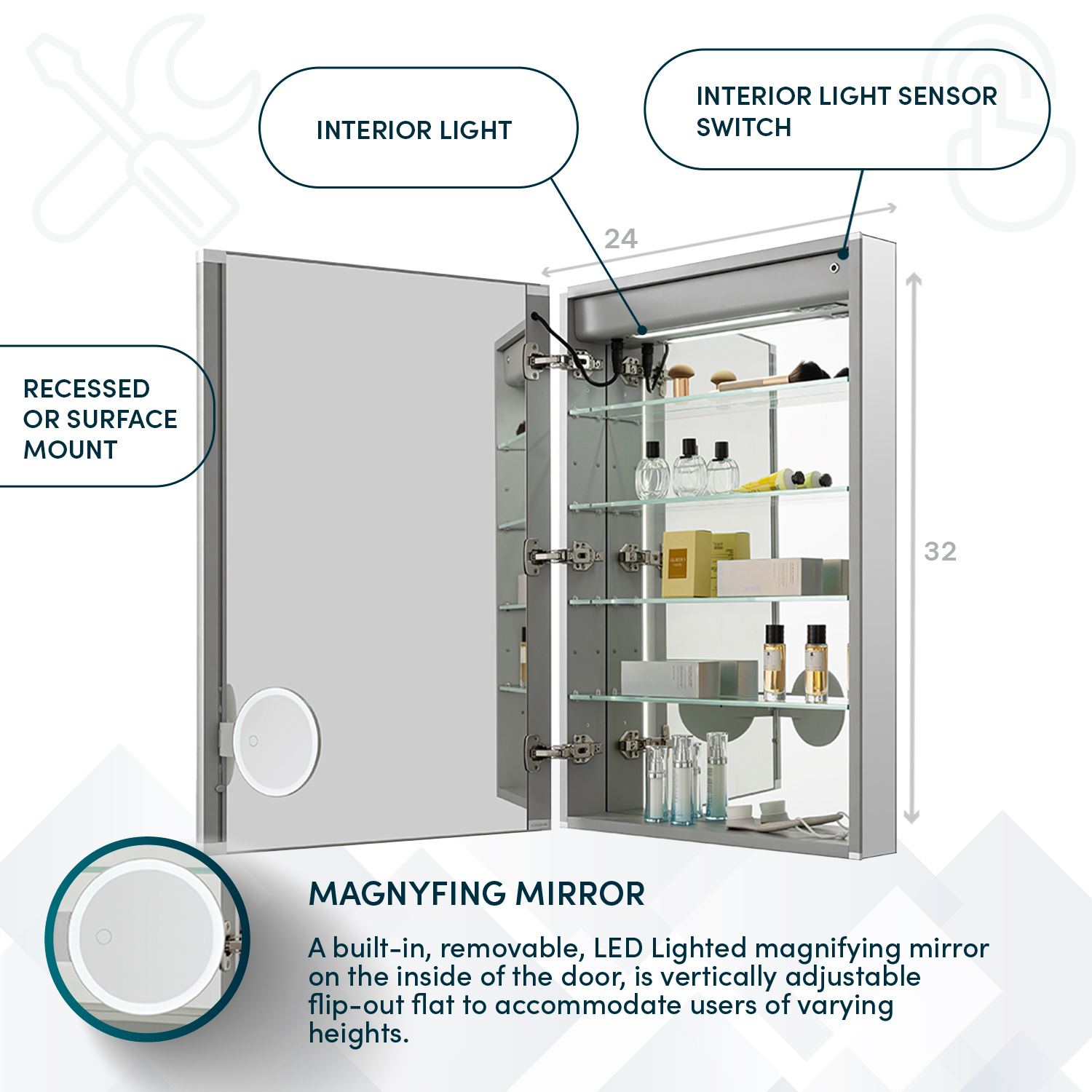 ER-2432L Infromation Cabinet LED (3) Edge Royale 24x32 Left Hinge LED Lighted Medicine Cabinet