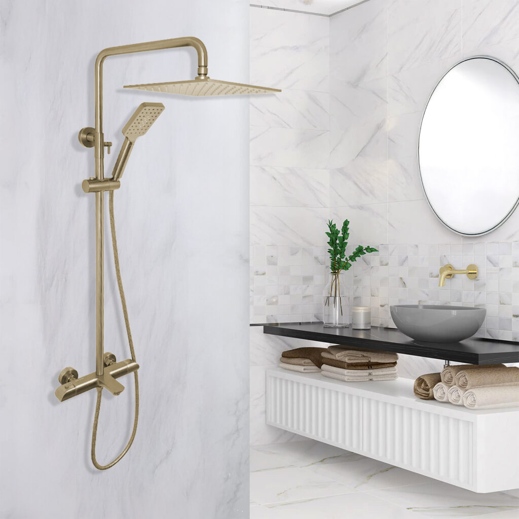 AQUADOM ZEN Three Function Thermostatic Exposed Shower Pipe System with Square 10″x10″x1/5″ Rain Shower Head, 3 Functions Hand Shower and Tub Spout 2.5 GPM