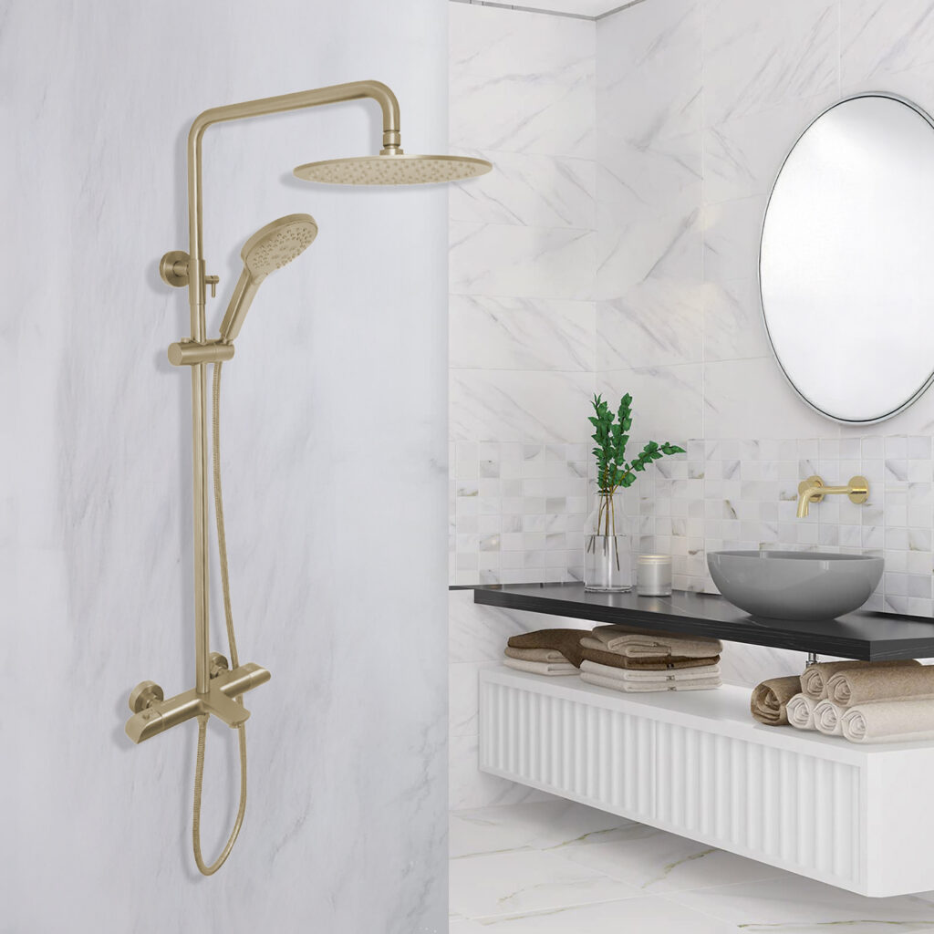 AQUADOM ZEN Three Function Thermostatic Exposed Shower Pipe System with Round 10"x1/5" Rain Shower Head, 3 Functions Hand Shower and Tub Spout, 2.5 GPM
