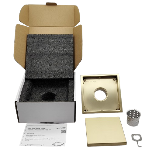 AQUADOM OCEANIC 6"x6" Square Shower Drain Tile-In, with hair strainer, Marine-Grade 316 stainless steel in Brushed Gold