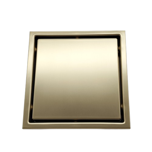 AQUADOM OCEANIC 6"x6" Square Shower Drain Tile-In, with hair strainer, Marine-Grade 316 stainless steel in Brushed Gold