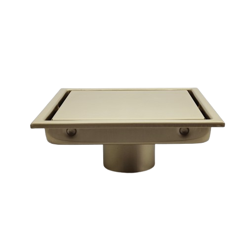 AQUADOM OCEANIC 6"x6" Square Shower Drain Tile-In, with hair strainer, Marine-Grade 316 stainless steel in Brushed Gold