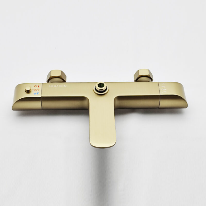 AQUADOM ZEN Three Function Thermostatic Exposed Shower Set with Round 10"x1/5" Rain Shower Head and 3 Functions Hand Shower and Tap Spout in Brushed Gold