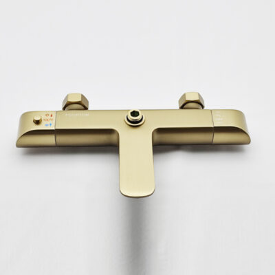 AQUADOM ZEN Three Function Thermostatic Exposed Shower Set with Square 10"x10"x1/5" Rain Shower Head and 3 Functions Hand Shower and Tap Spout in Brushed Gold