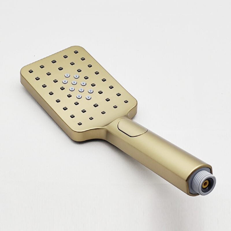 AQUADOM ZEN Three Function Thermostatic Exposed Shower Set with Square 10"x10"x1/5" Rain Shower Head and 3 Functions Hand Shower and Tap Spout in Brushed Gold