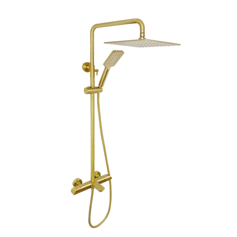 AQUADOM ZEN Three Function Thermostatic Exposed Shower Set with Square 10"x10"x1/5" Rain Shower Head and 3 Functions Hand Shower and Tap Spout in Brushed Gold