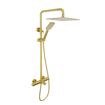 AQUADOM ZEN Three Function Thermostatic Exposed Shower Set with Square 10"x10"x1/5" Rain Shower Head and 3 Functions Hand Shower and Tap Spout in Brushed Gold