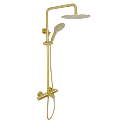 AQUADOM ZEN Three Function Thermostatic Exposed Shower Set with Round 10"x1/5" Rain Shower Head and 3 Functions Hand Shower and Tap Spout in Brushed Gold