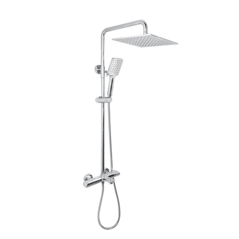 AQUADOM ZEN Three Function Thermostatic Exposed Shower System with Square 10"x10"x1/5" Rain Shower Head and 3 Functions Hand Shower and Tub Spout
