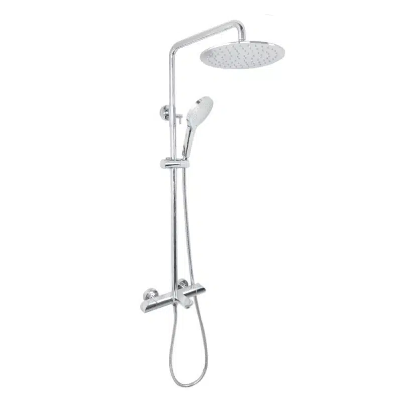 AQUADOM ZEN Three Function Thermostatic Exposed Shower Set with Round 10"x1/5" Rain Shower Head and 3 Functions Hand Shower and Tap Spout in Chrome AQUADOM ZEN Three Function Thermostatic Exposed Shower Set with Round 10"x1/5" Rain Shower Head and 3 Functions Hand Shower and Tap Spout in Chrome