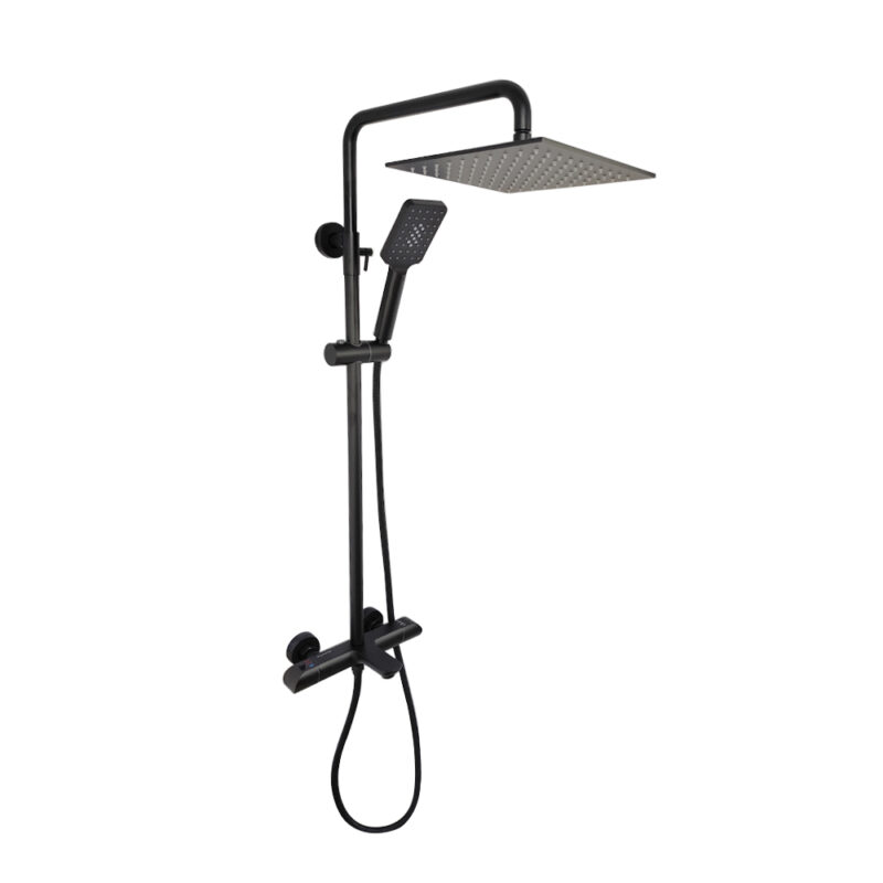 AQUADOM ZEN Three Function Thermostatic Exposed Shower Set with Square 10"x10"x1/5" Rain Shower Head and 3 Functions Hand Shower and Tap Spout in Matte Black AQUADOM ZEN Three Function Thermostatic Exposed Shower Set with Square 10"x10"x1/5" Rain Shower Head and 3 Functions Hand Shower and Tap Spout in Matte Black
