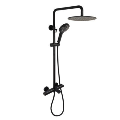 AQUADOM ZEN Three Function Thermostatic Exposed Shower System with Round 10"x1/5" Rain Shower Head and 3 Functions Hand Shower and Tub Spout in Matte Black
