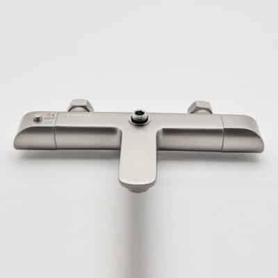 AQUADOM ZEN Three Function Thermostatic Exposed Shower Set with Square 10"x10"x1/5" Rain Shower Head and 3 Functions Hand Shower and Tap Spout in Brushed Nickel