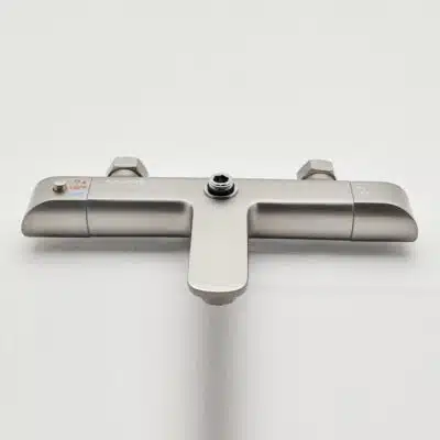 AQUADOM ZEN Three Function Thermostatic Exposed Shower Set with Square 10"x10"x1/5" Rain Shower Head and 3 Functions Hand Shower and Tap Spout in Brushed Nickel