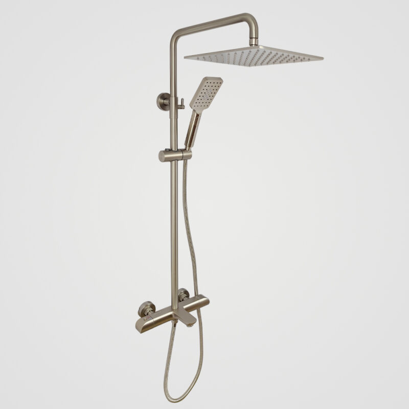 AQUADOM ZEN Three Function Thermostatic Exposed Shower Set with Square 10"x10"x1/5" Rain Shower Head and 3 Functions Hand Shower and Tap Spout in Brushed Nickel