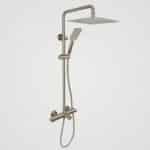 AQUADOM ZEN Three Function Thermostatic Exposed Shower Set with Square 10"x10"x1/5" Rain Shower Head and 3 Functions Hand Shower and Tap Spout in Brushed Nickel
