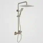 AQUADOM ZEN Three Function Thermostatic Exposed Shower Set with Square 10"x10"x1/5" Rain Shower Head and 3 Functions Hand Shower and Tap Spout in Brushed Nickel