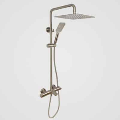AQUADOM ZEN Three Function Thermostatic Exposed Shower Set with Square 10"x10"x1/5" Rain Shower Head and 3 Functions Hand Shower and Tap Spout in Brushed Nickel