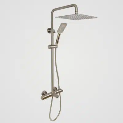 AQUADOM ZEN Three Function Thermostatic Exposed Shower Set with Square 10"x10"x1/5" Rain Shower Head and 3 Functions Hand Shower and Tap Spout in Brushed Nickel