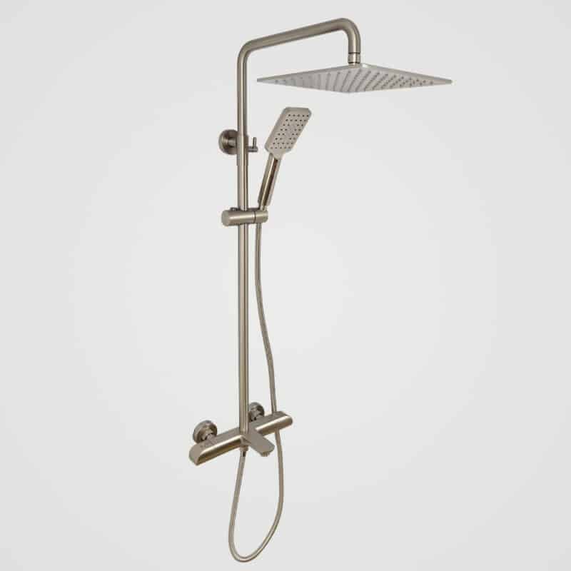 AQUADOM ZEN Three Function Thermostatic Exposed Shower Set with Square 10"x10"x1/5" Rain Shower Head and 3 Functions Hand Shower and Tap Spout in Brushed Nickel AQUADOM ZEN Three Function Thermostatic Exposed Shower Set with Square 10"x10"x1/5" Rain Shower Head and 3 Functions Hand Shower and Tap Spout in Brushed Nickel
