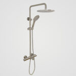 AQUADOM ZEN Three Function Thermostatic Exposed Shower System with Round 10"x1/5" Rain Shower Head and 3 Functions Hand Shower and Tub Spout in Brushed Nickel
