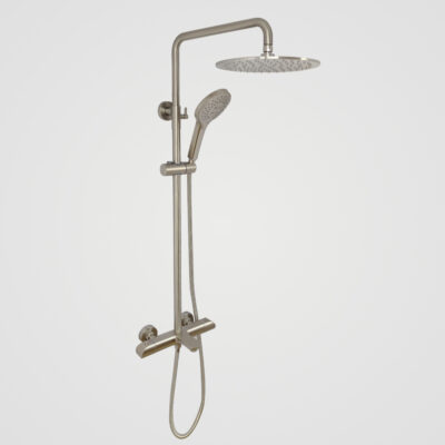 AQUADOM ZEN Three Function Thermostatic Exposed Shower System with Round 10"x1/5" Rain Shower Head and 3 Functions Hand Shower and Tub Spout in Brushed Nickel