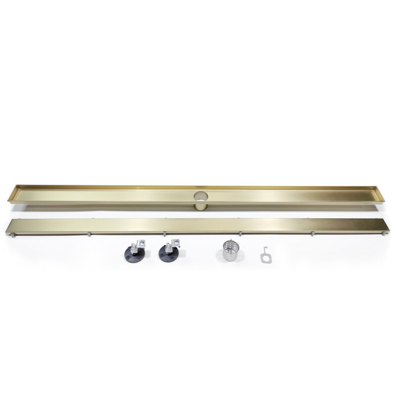 AQUADOM OCEANIC 47" Linear Shower Drain Tile-In, with hair strainer, Marine-Grade 316 stainless steel in Brushed Gold