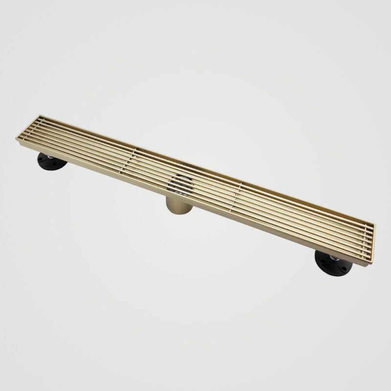 AQUADOM OCEANIC 24" Linear Shower Drain Grid Cover, with hair strainer and adjustment feet, Marine-Grade 316 stainless steel in Brushed Gold