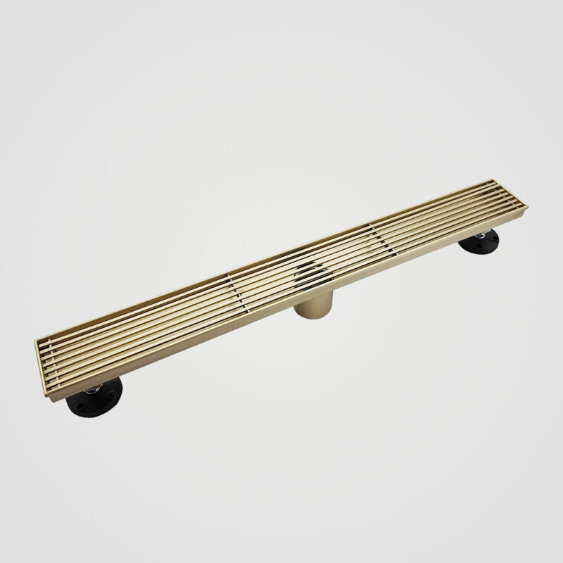 AQUADOM OCEANIC 24" Linear Shower Drain Grid Cover, with hair strainer and adjustment feet, Marine-Grade 316 stainless steel in Brushed Gold