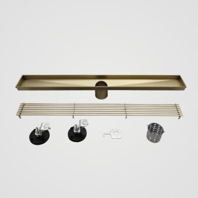 AQUADOM OCEANIC 24″ Linear Shower Drain Grid Cover, with hair strainer and adjustment feet, Marine-Grade 316 stainless steel in Brushed Gold