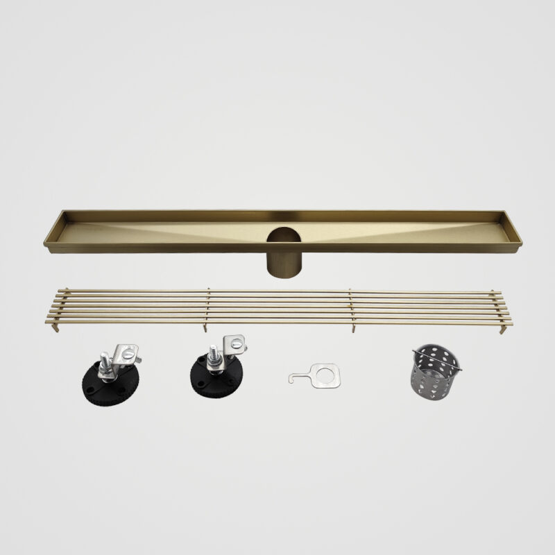 AQUADOM OCEANIC 24" Linear Shower Drain Grid Cover, with hair strainer and adjustment feet, Marine-Grade 316 stainless steel in Brushed Gold