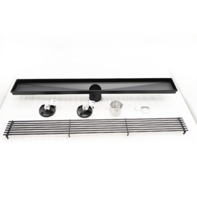 AQUADOM OCEANIC 24″ Linear Shower Drain Grid Cover, with hair strainer and adjustment feet, Marine-Grade 316 stainless steel in Matte Black