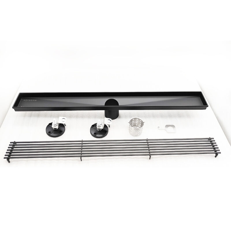 AQUADOM OCEANIC 24" Linear Shower Drain Grid Cover, with hair strainer and adjustment feet, Marine-Grade 316 stainless steel in Matte Black