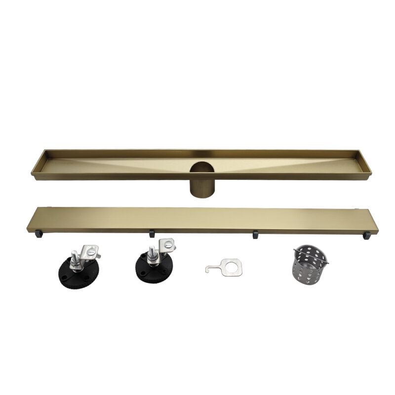 AQUADOM OCEANIC 36" Linear Shower Drain Tile-In, with hair strainer, Marine-Grade 316 stainless steel in Brushed Gold
