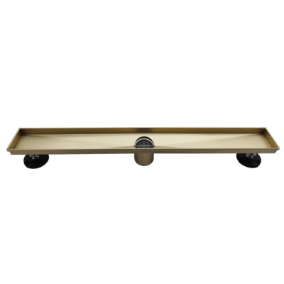 AQUADOM OCEANIC 24″ Linear Shower Drain Tile-In, with hair strainer and adjustment feet, Marine-Grade 316 stainless steel in Brushed Gold