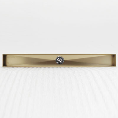 AQUADOM OCEANIC 24″ Linear Shower Drain Tile-In, with hair strainer and adjustment feet, Marine-Grade 316 stainless steel in Brushed Gold
