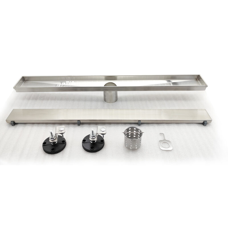 AQUADOM OCEANIC 24" Linear Shower Drain Tile-In, with hair strainer and adjustment feet, Marine-Grade 316 stainless steel in Satin