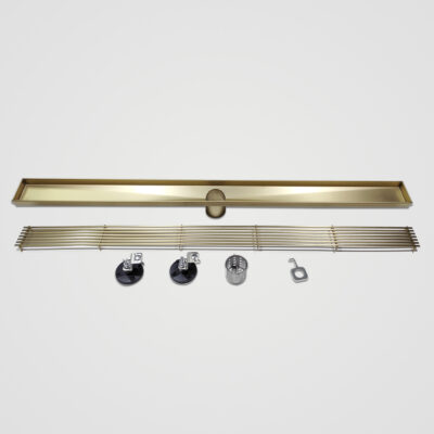 AQUADOM OCEANIC  36″ Linear Shower Drain Grid Cover, with hair strainer, Marine-Grade 316 stainless steel in Brushed Gold