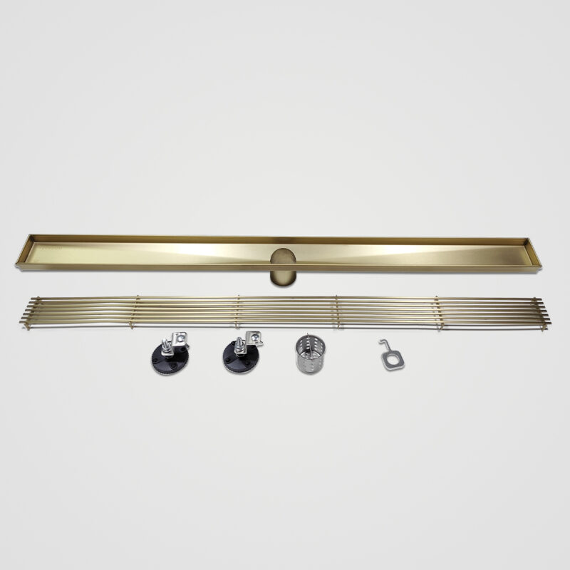 AQUADOM OCEANIC 36" Linear Shower Drain Grid Cover, with hair strainer, Marine-Grade 316 stainless steel in Brushed Gold