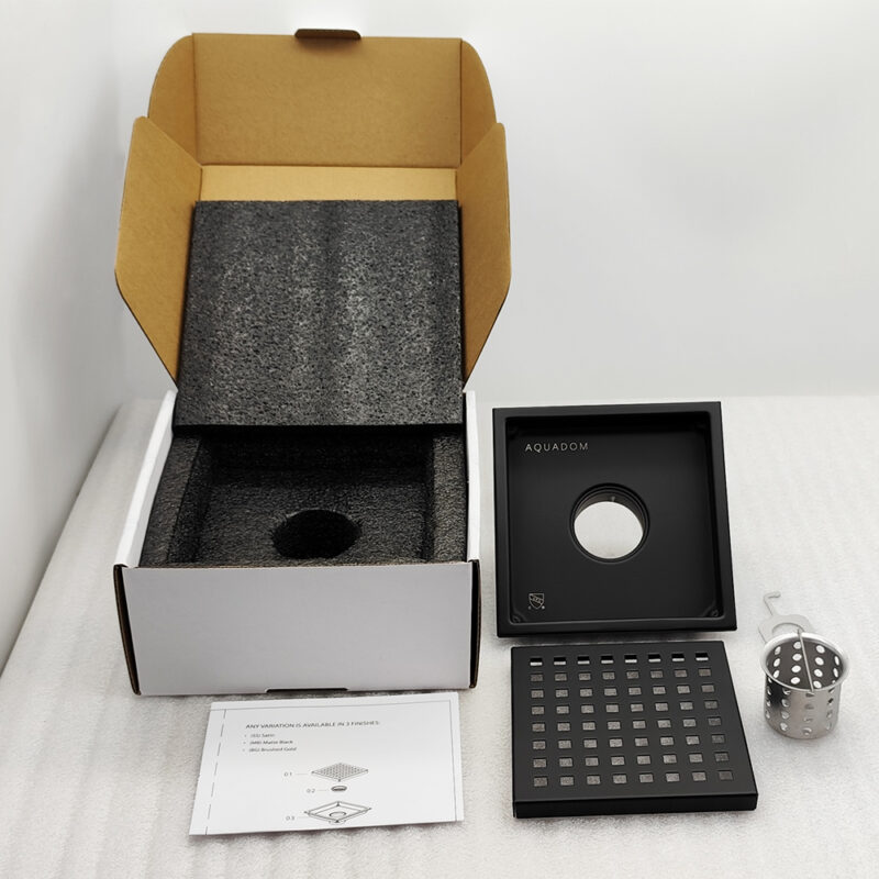 AQUADOM OCEANIC 6"x6" Square Shower Drain Grid Cover, with hair strainer, Marine-Grade 316 stainless steel in Matte Black