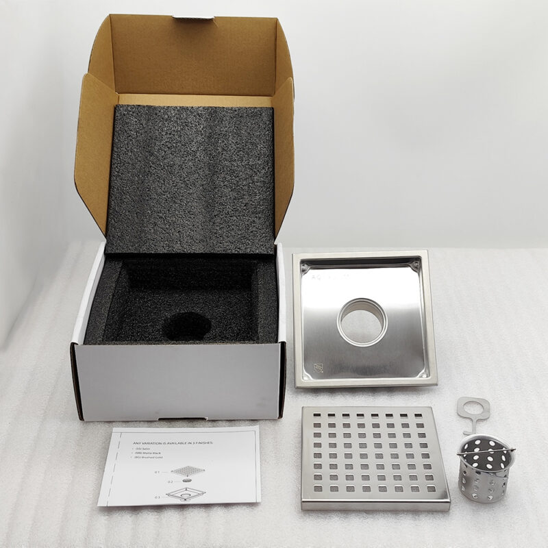 AQUADOM OCEANIC 6"x6" Square Shower Drain Grid Cover, with hair strainer, Marine-Grade 316 stainless steel in Satin