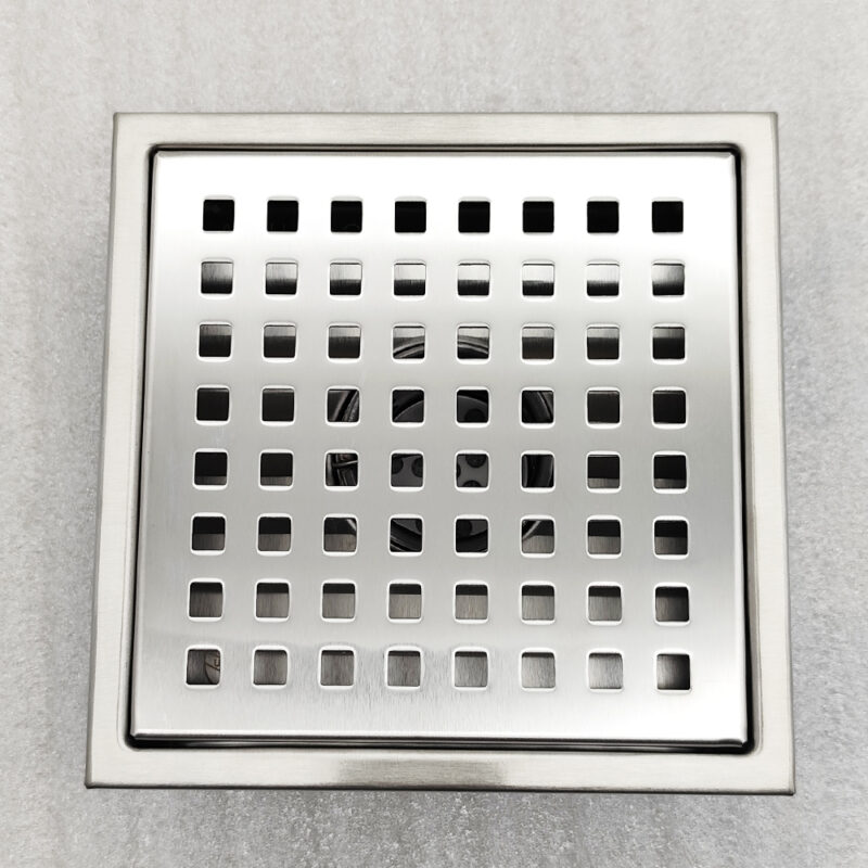 AQUADOM OCEANIC 6"x6" Square Shower Drain Grid Cover, with hair strainer, Marine-Grade 316 stainless steel in Satin