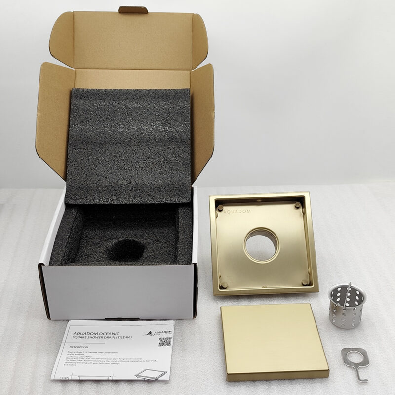 AQUADOM OCEANIC 6"x6" Square Shower Drain Tile-In, with hair strainer, Marine-Grade 316 stainless steel in Brushed Gold
